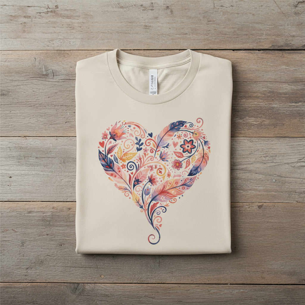 Floral Heart Graphic Tee — Boho Feather & Flower Design