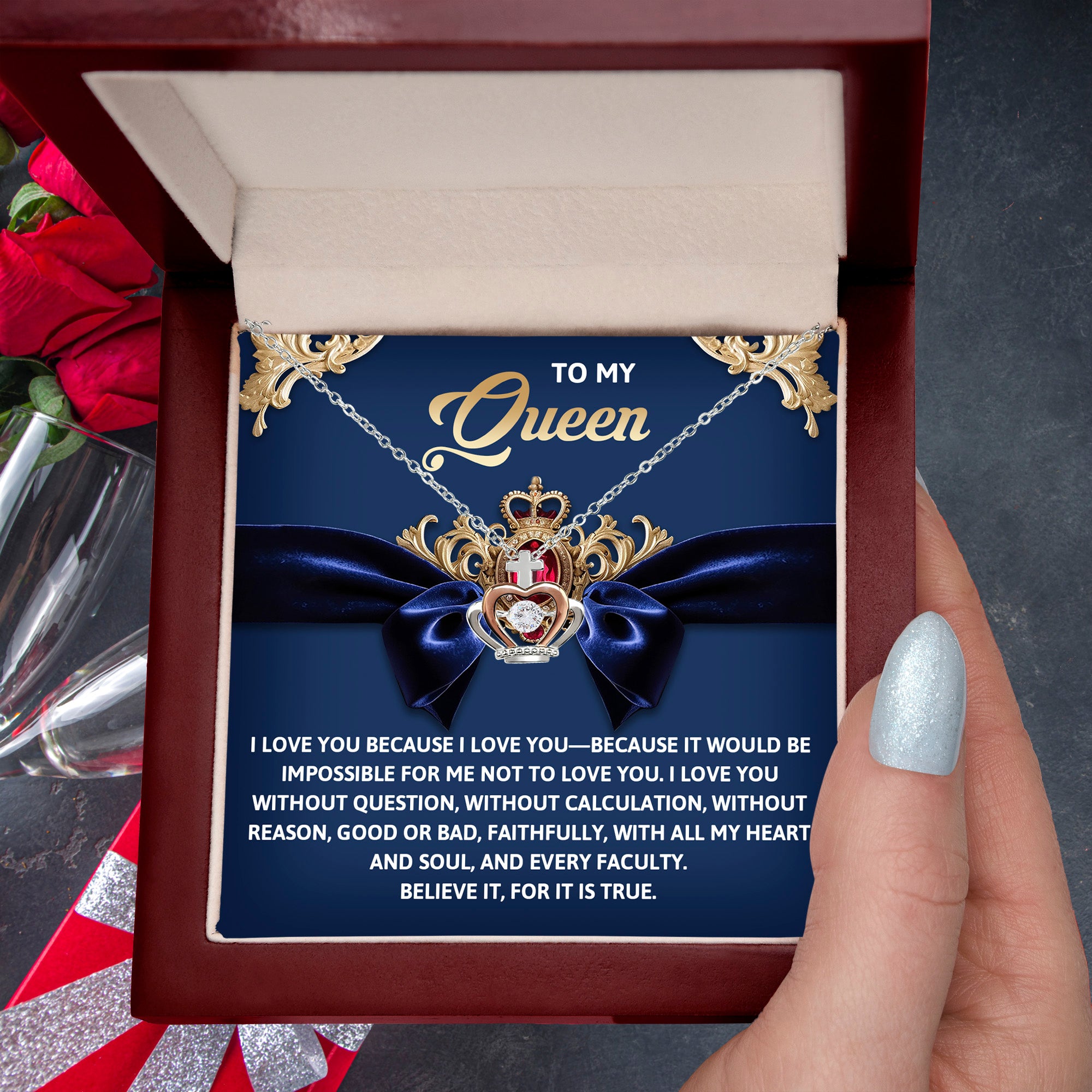 To My Queen – With All My Heart Crown Pendant Necklace Gift Set